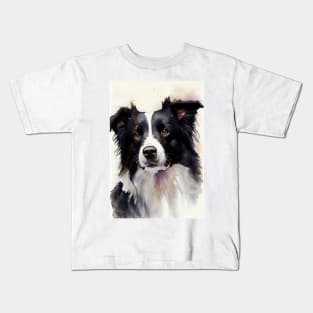 Black and White Border Collie Watercolor Portrait Kids T-Shirt